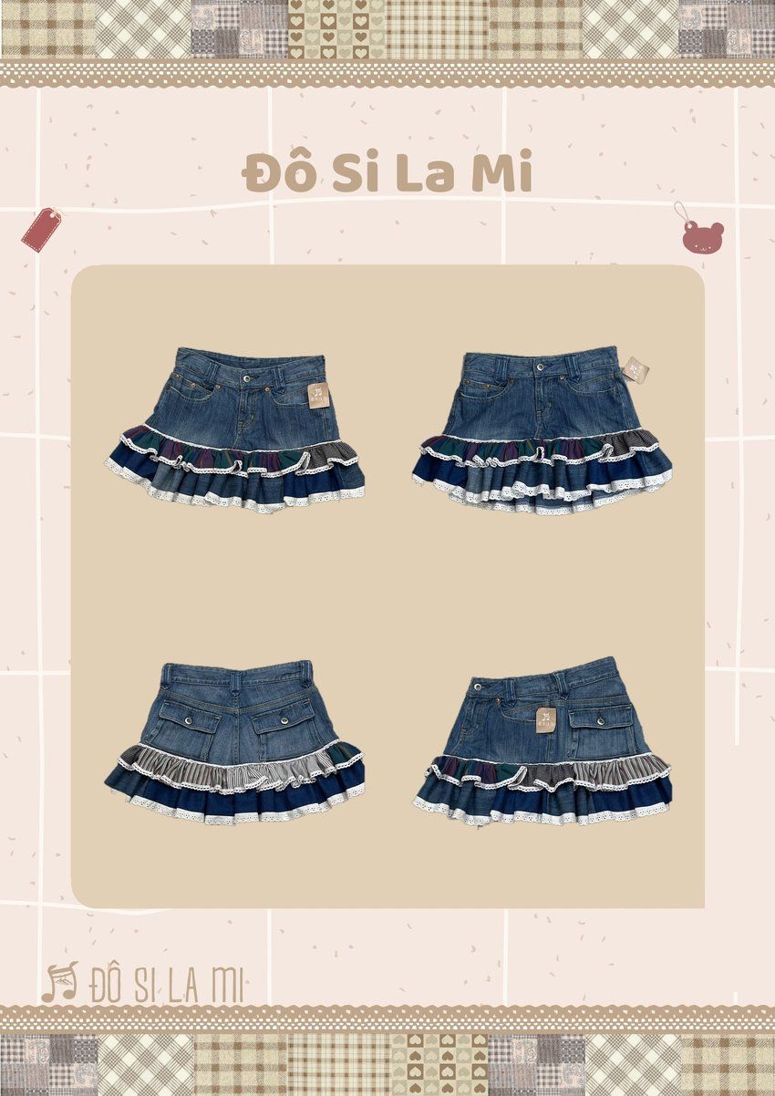 Chân váy jean patchwork bèo ren nhiều màu xanh tím đỏ đô